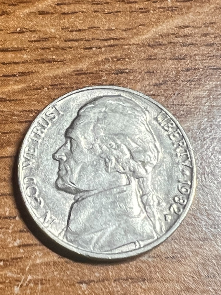 1982 ERROR JEFFERSON NICKEL STRUCK THROUGH AN OBJECT