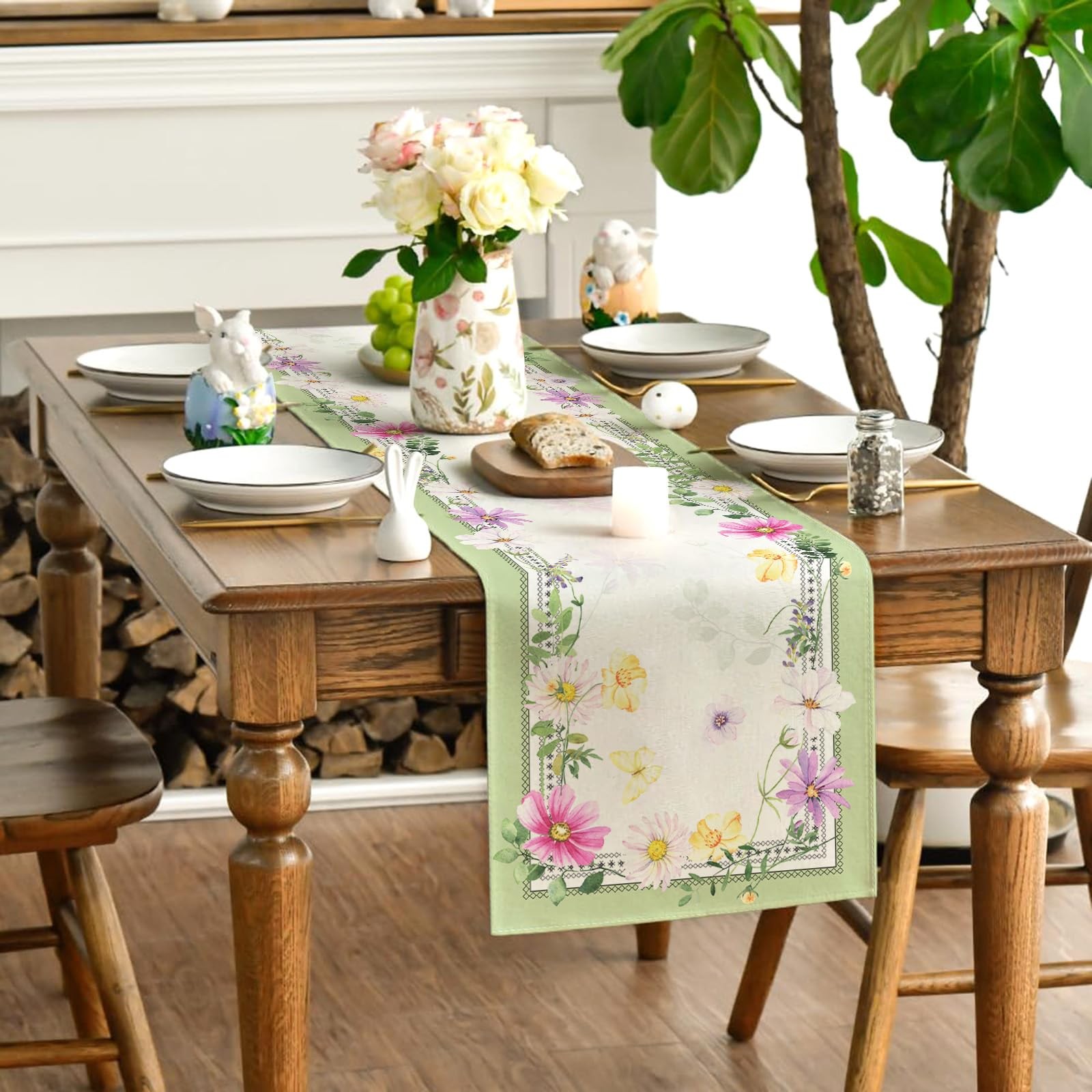 Farmhouse Spring Table Runner Flower Floral Table Cover Pastel Green Leaf Dec...
