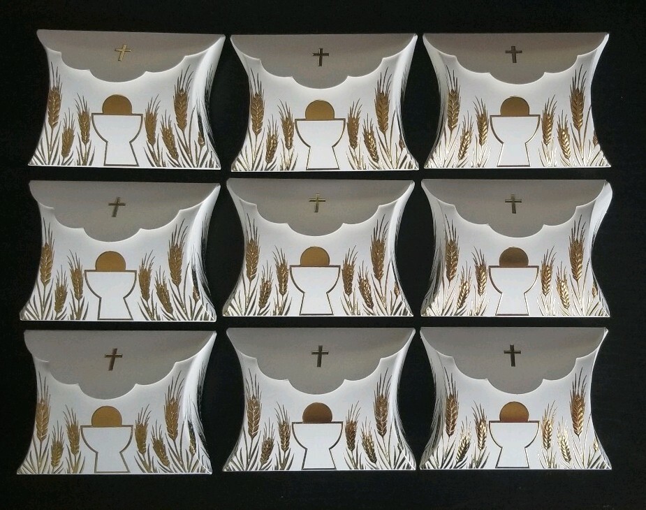 10 First Communion White & Gold Pillow Boxes