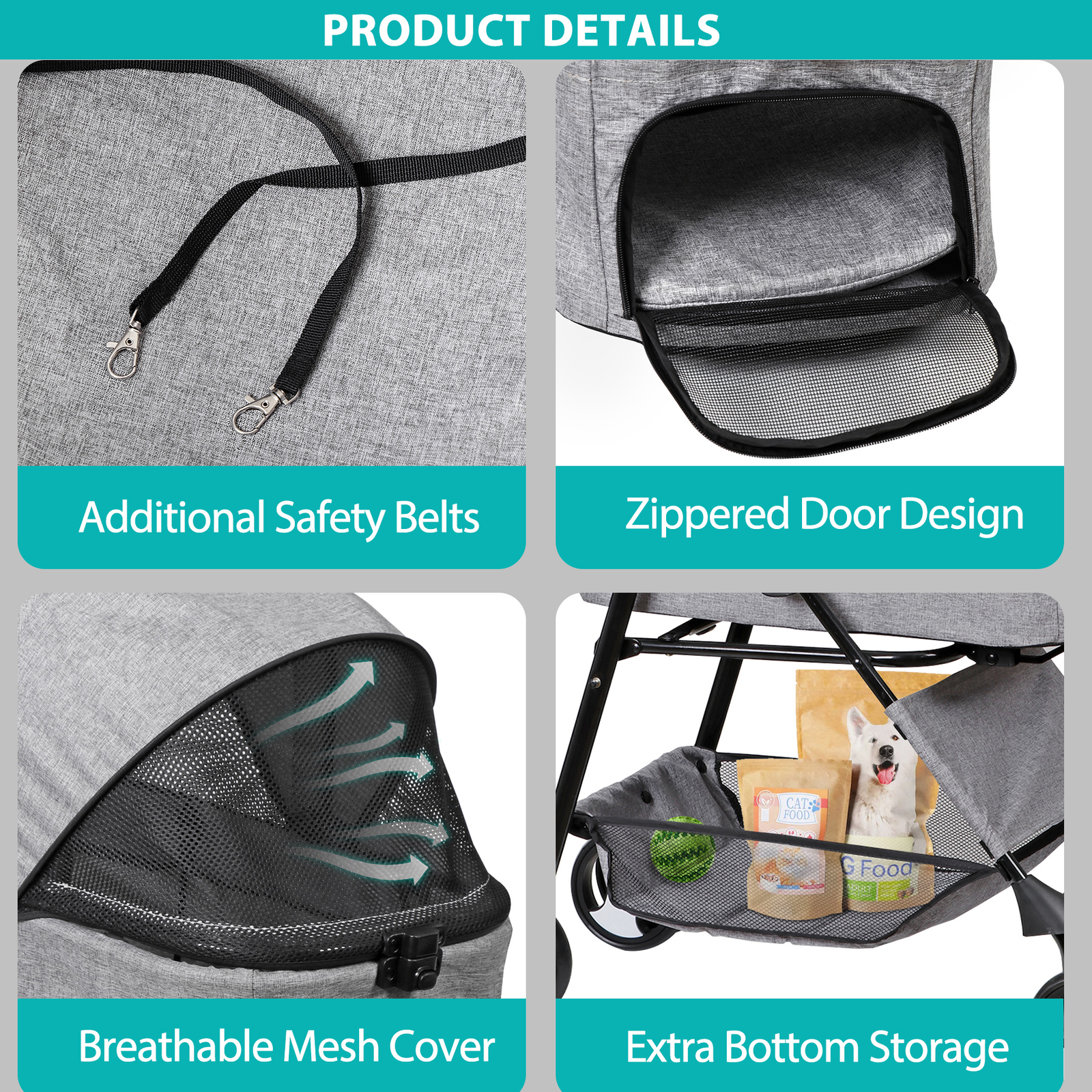 Pet Stroller Foldable Dog Cat Jogger Stroller w/4 Wheel & Detachable Basket Gray