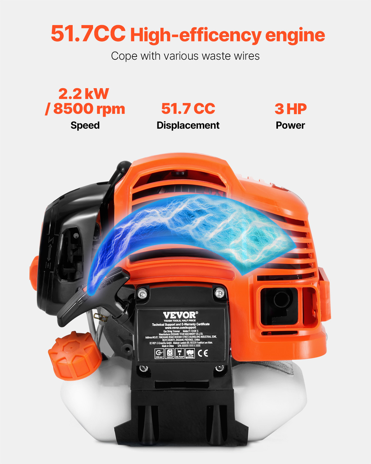 VEVOR Cordless String Trimmer 16.9" 51.7CC Gas Powered Grass Trimmer