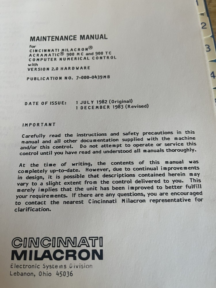 Cincinnati Milacron Acramatic 900MC/900TC CNC V2 Control Reference Manual Vol.1