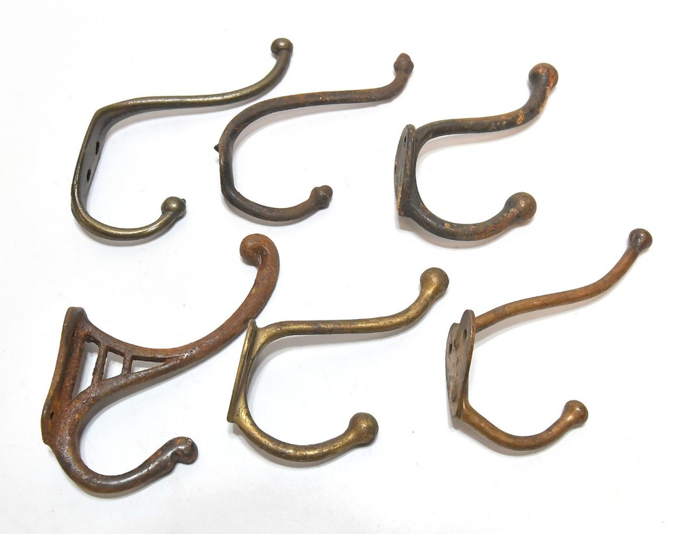 6 DIFFERENT VINTAGE METAL WALL COAT OR HAT HOOKS