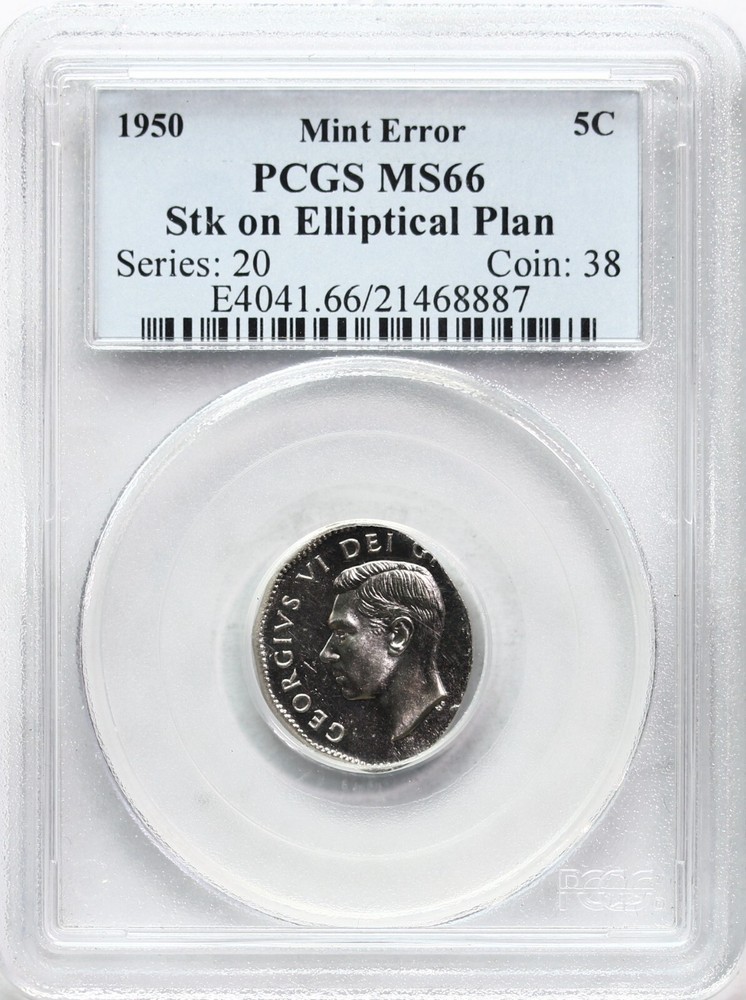 ERROR - 1950 Canada 5 Cents Struck on Elliptical Plan PCGS MS66