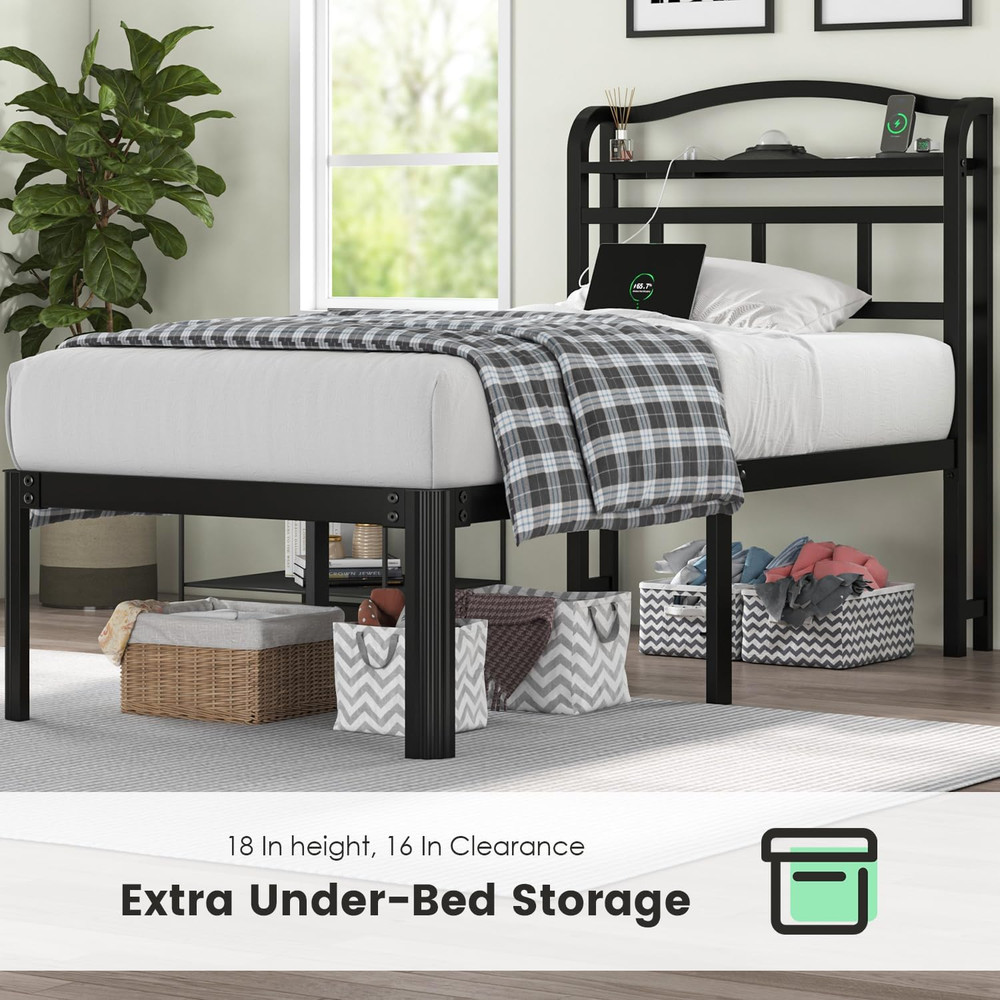 Twin Size Bed Frame with Storage Headboard & Star Projector, Easy Assembly