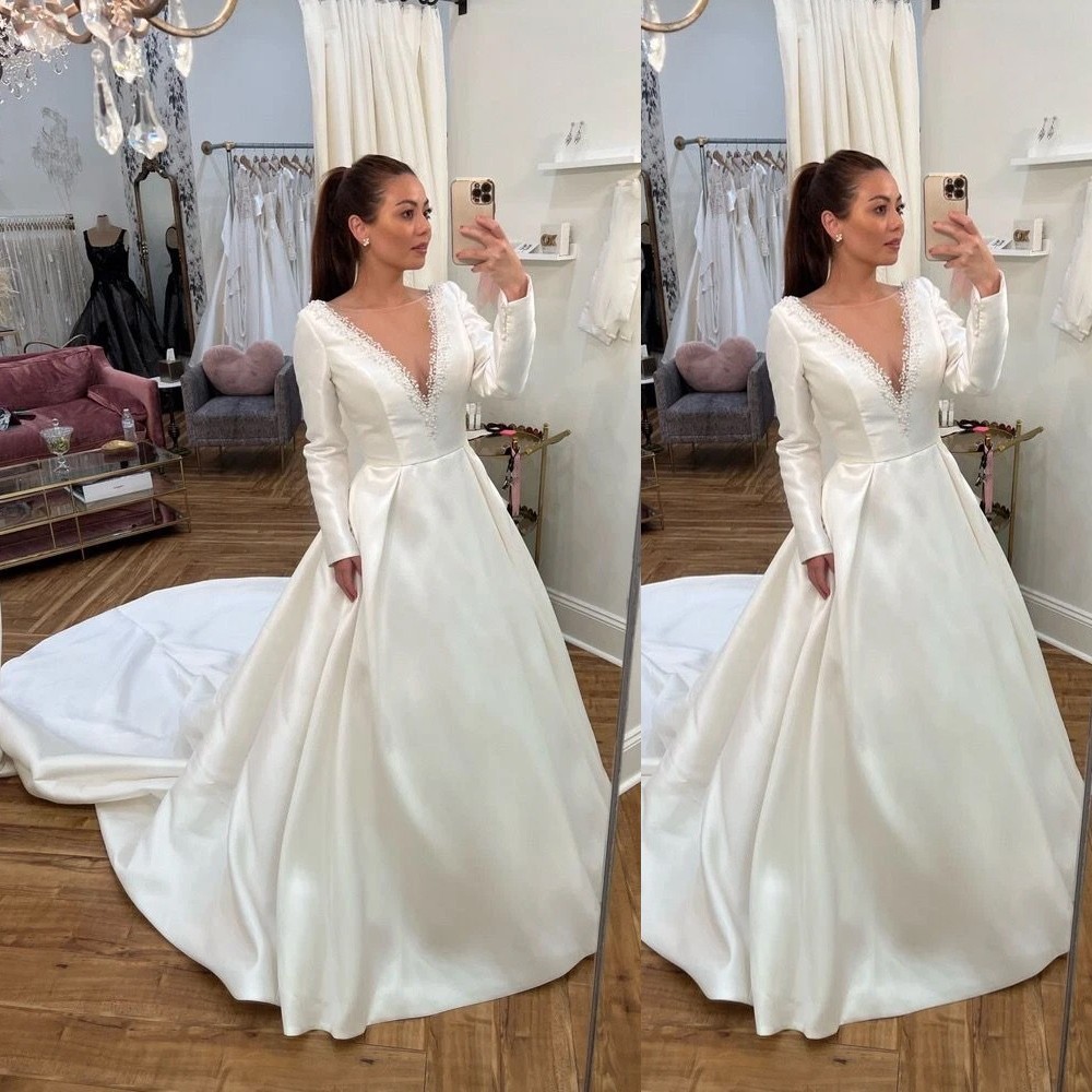 Elegant Satin Wedding Dresses Long Sleeve V-Neck Sweep Train A-Line Bridal Gown