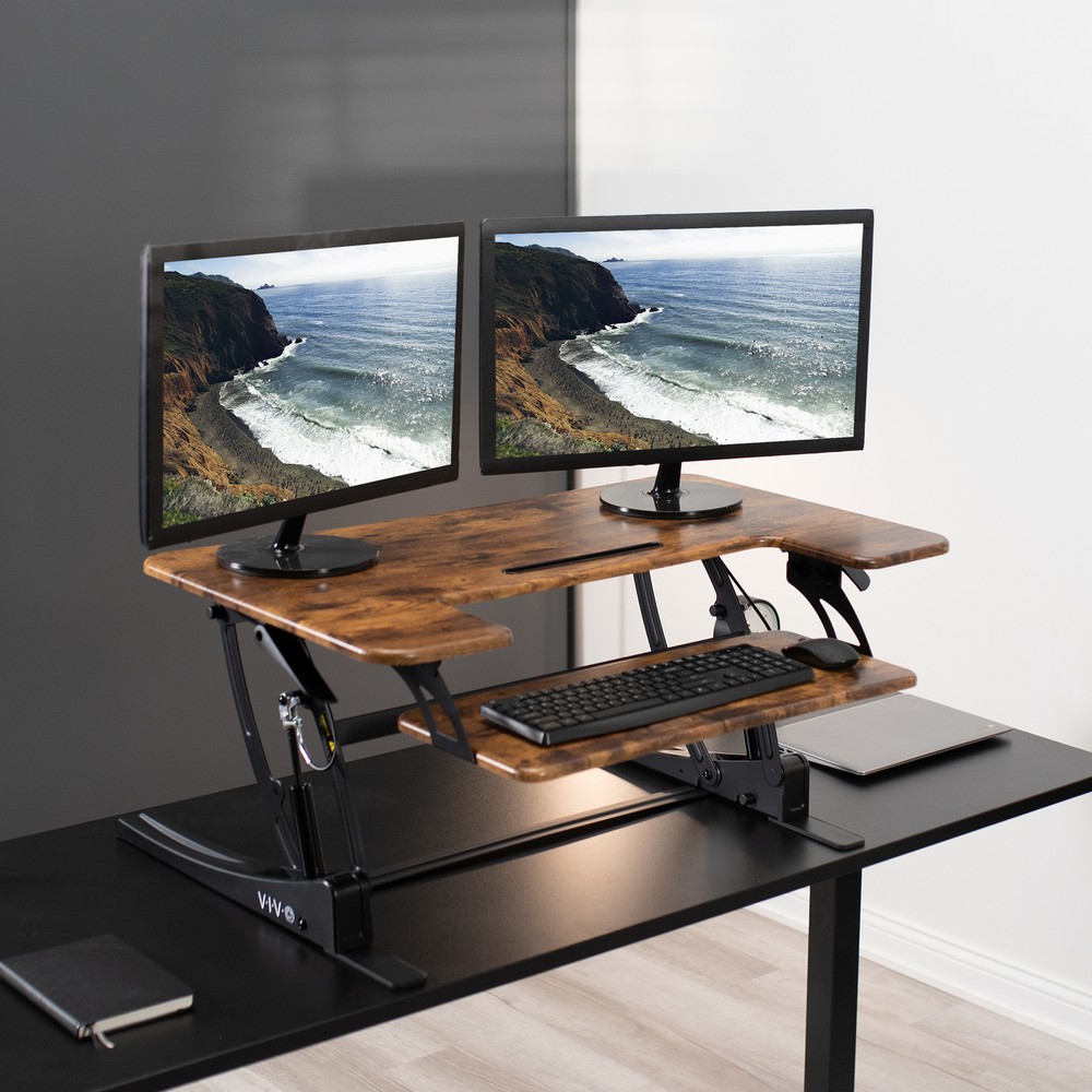 VIVO Rustic Vintage Brown Standing Desk Riser, Tabletop Sit-Stand, Black Frame