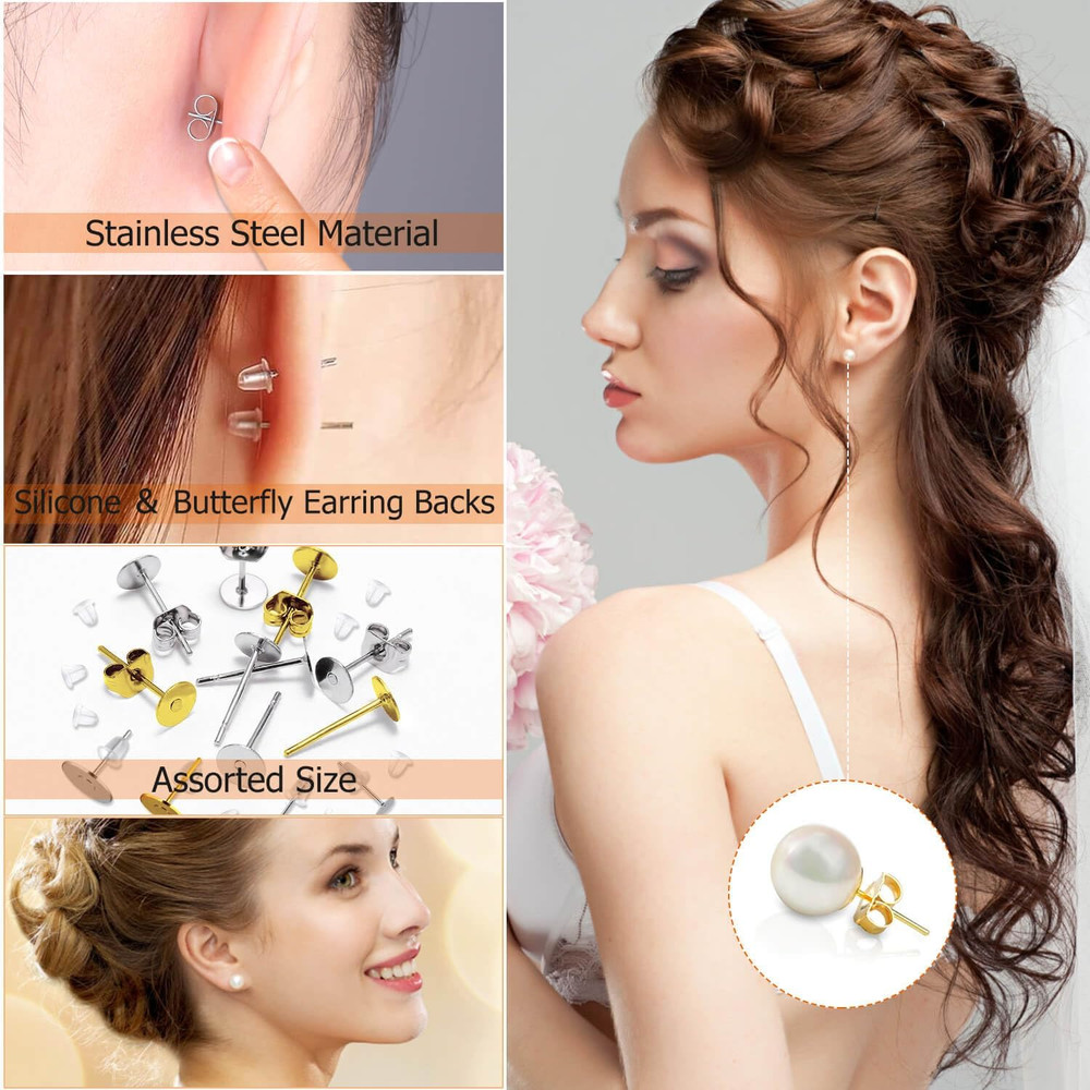 Hypoallergenic Earring Posts and Backs, 2000Pcs Stud Earrings Making Kit with E