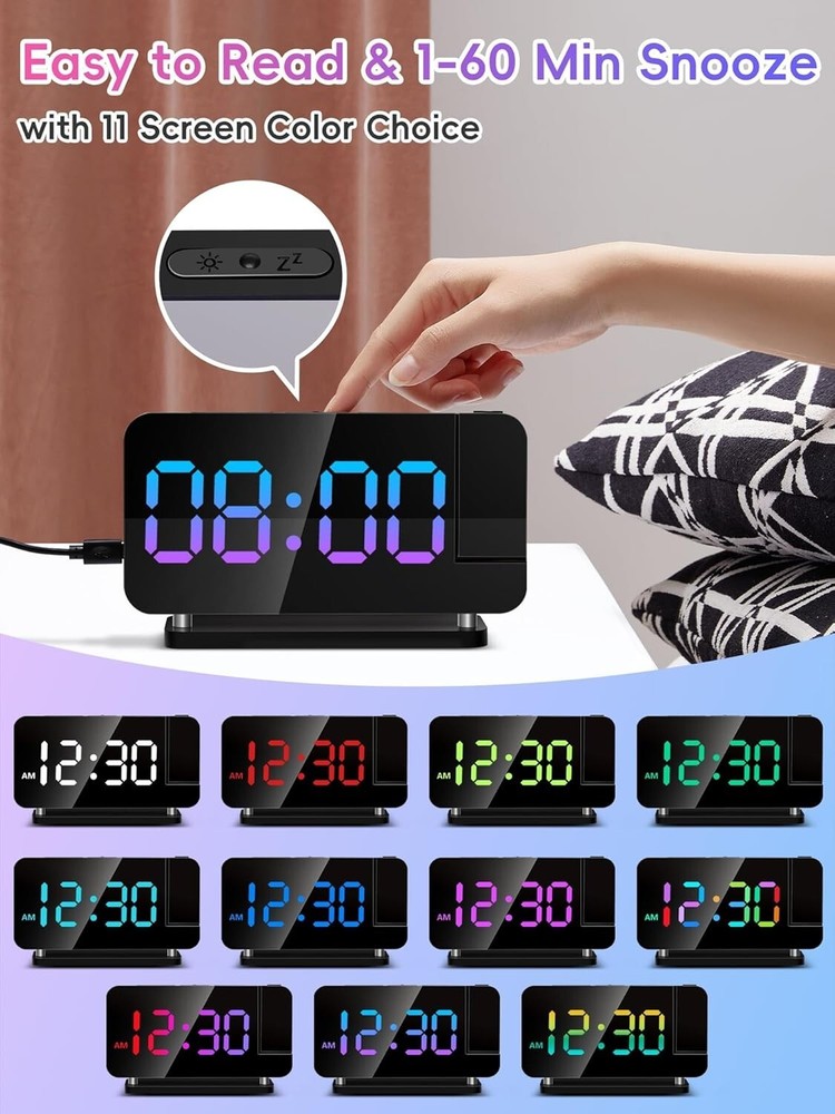Projection Alarm Clock, Digital Clock with 180° Rotatable 3-Level Brightness