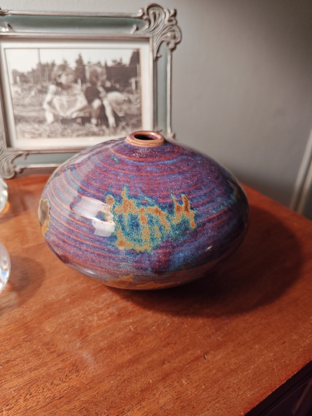 VIVIKA & OTTO HEINO GLOSSY WEED VASE POT PURPLE WITH BROWN & GREEN HUES