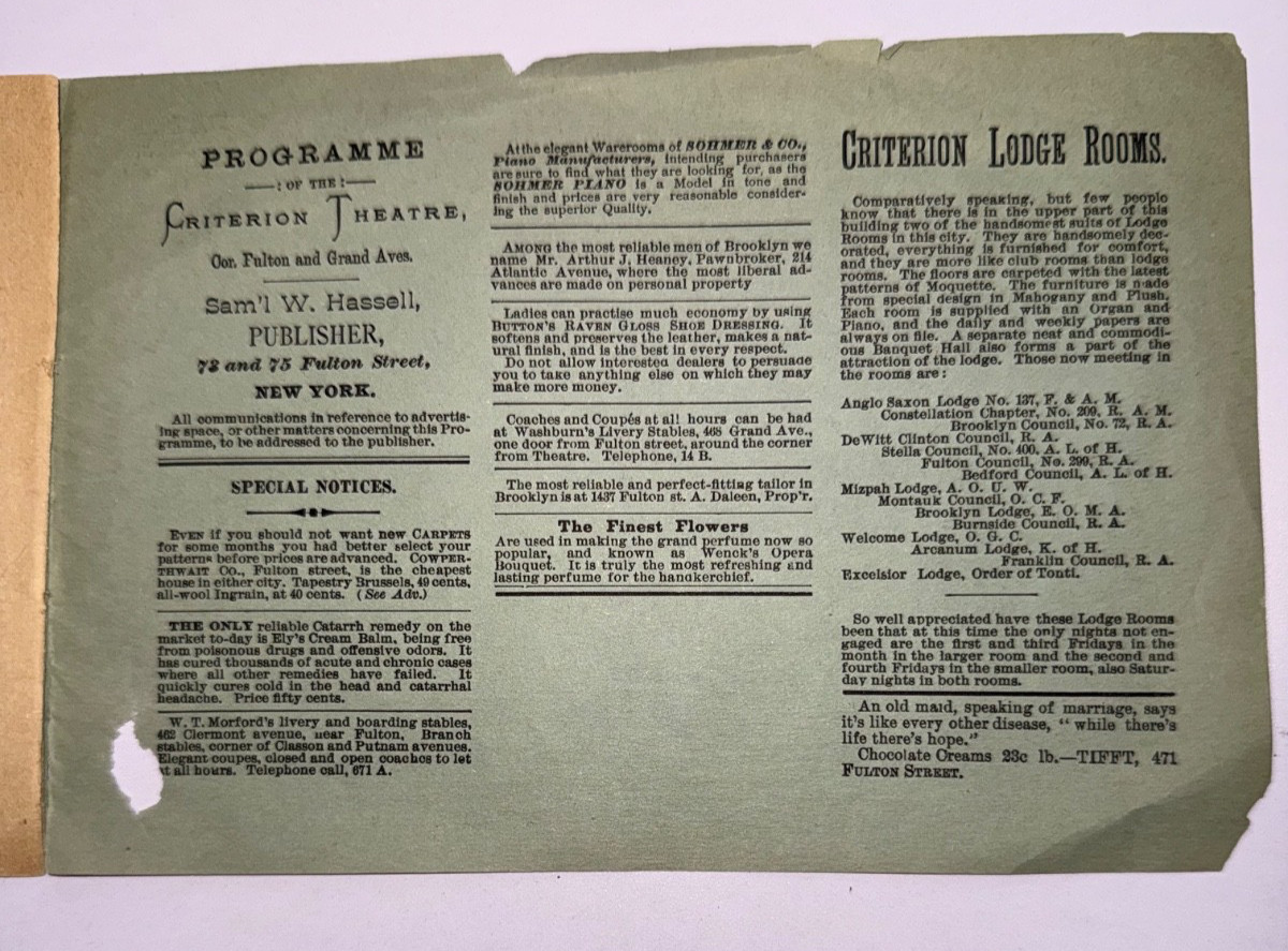 RARE 1887 CRITERION THEATRE PROGRAM CHIMES OF NORMANDY AT FULTON & GRAND AVENUE