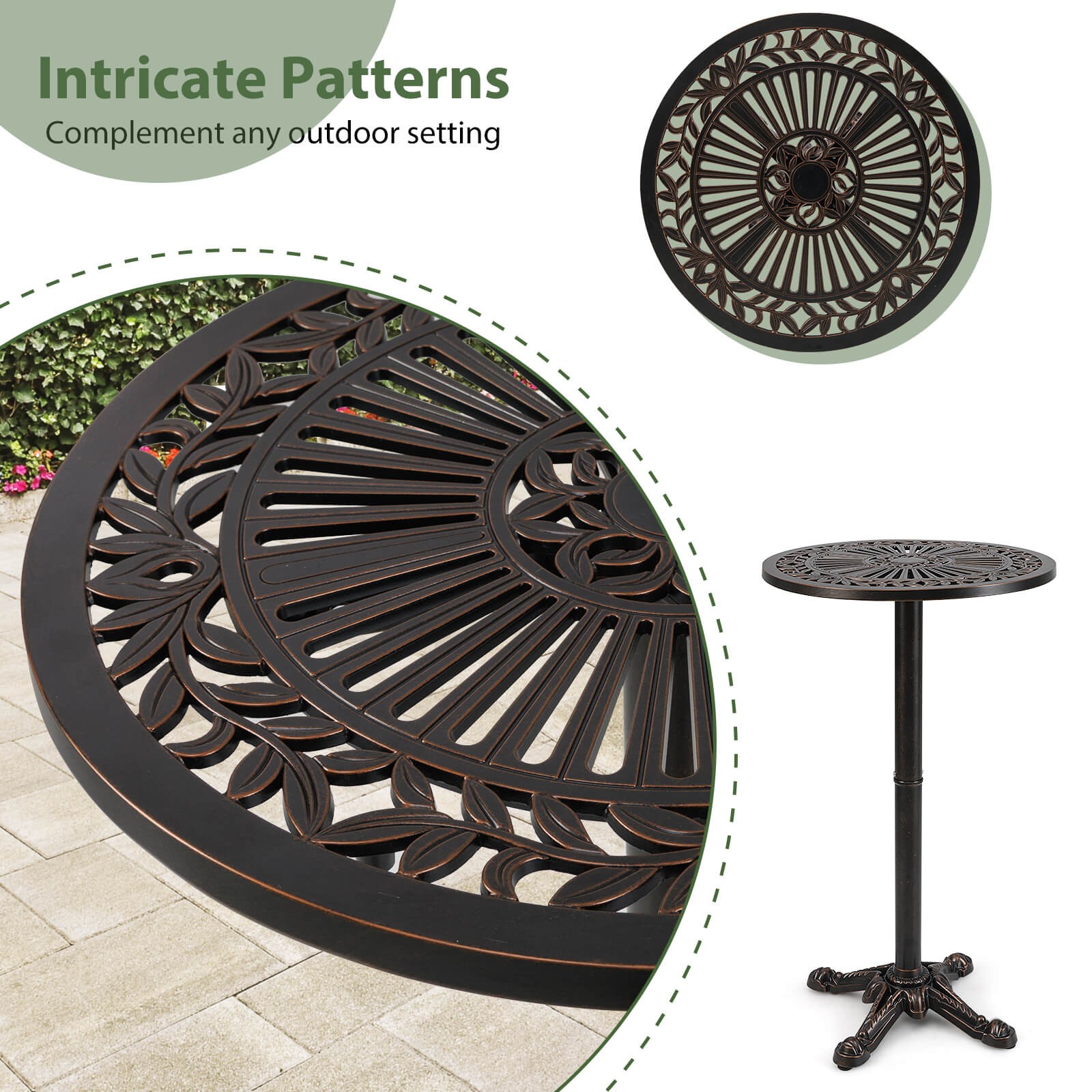 24" Patio Round Bar Table w/Carved Texture for Garden Backyard Balcony, Poolside