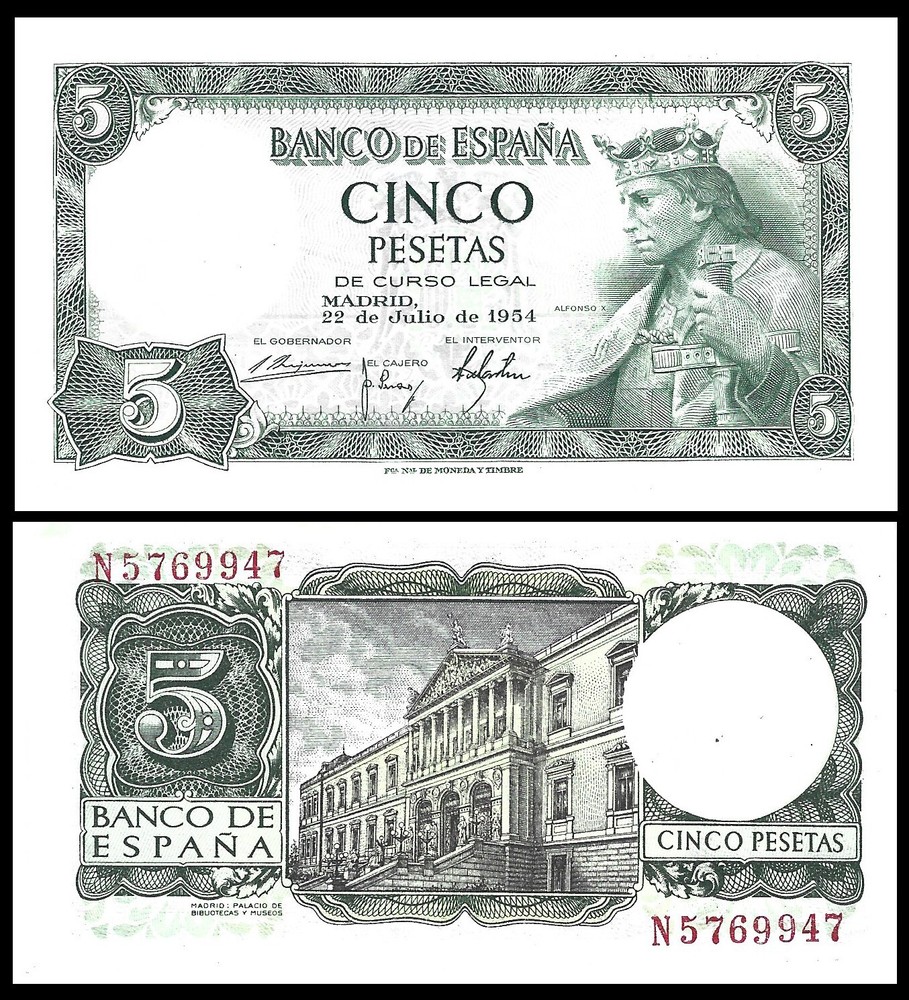 SPAIN 5 PESETAS 1954 P 146 UNC