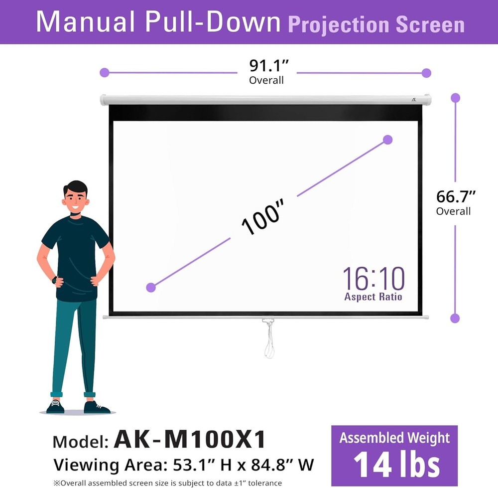 100 Inch Manual Pull Down Projector Screen, 16:10 Retractable Projection Scre...