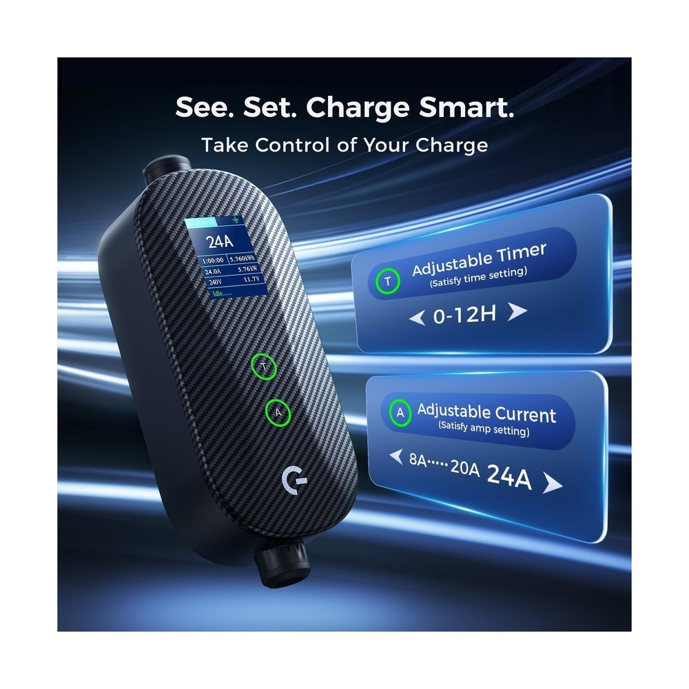 Carbon Fiber Level 2 EV Charger, 24A Adjustable Current/Timer/Smart Display, ...