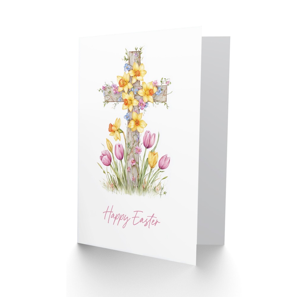 Happy Easter Greeting Card – Spring Flower Cross Design, Blank Inside