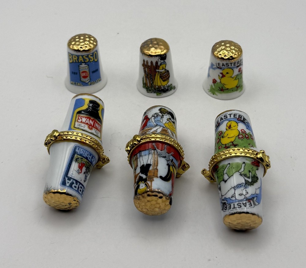 3 X Birchcroft China thimbles and 3 X Thimble Needle Holders