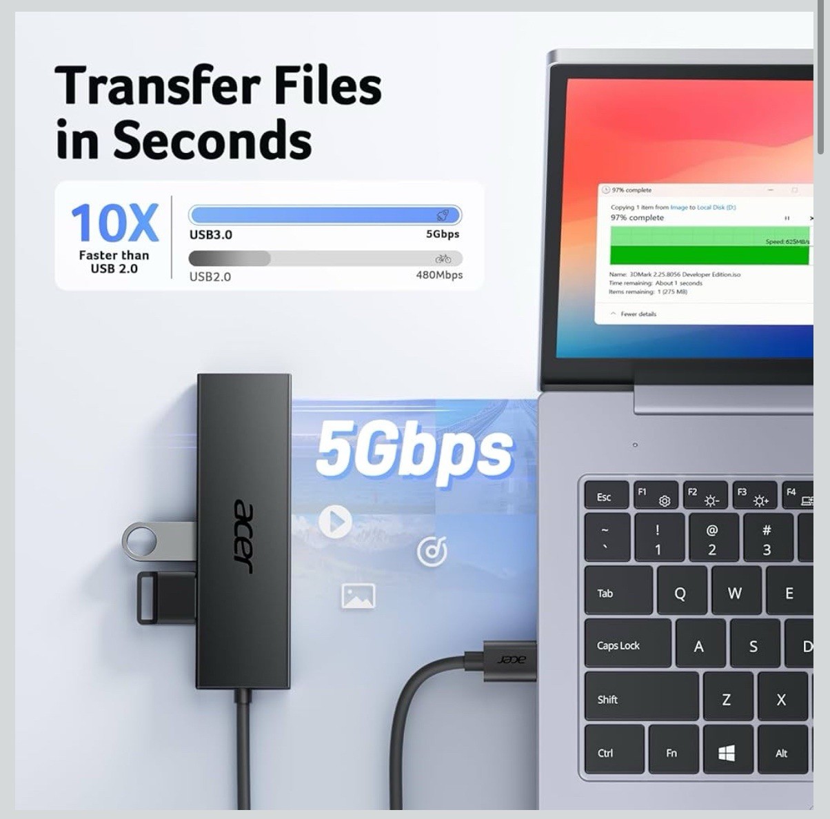 Acer USB Hub 4 Ports, Multiple USB 3.0 Hub, USBA Splitter for Laptop with Typ...