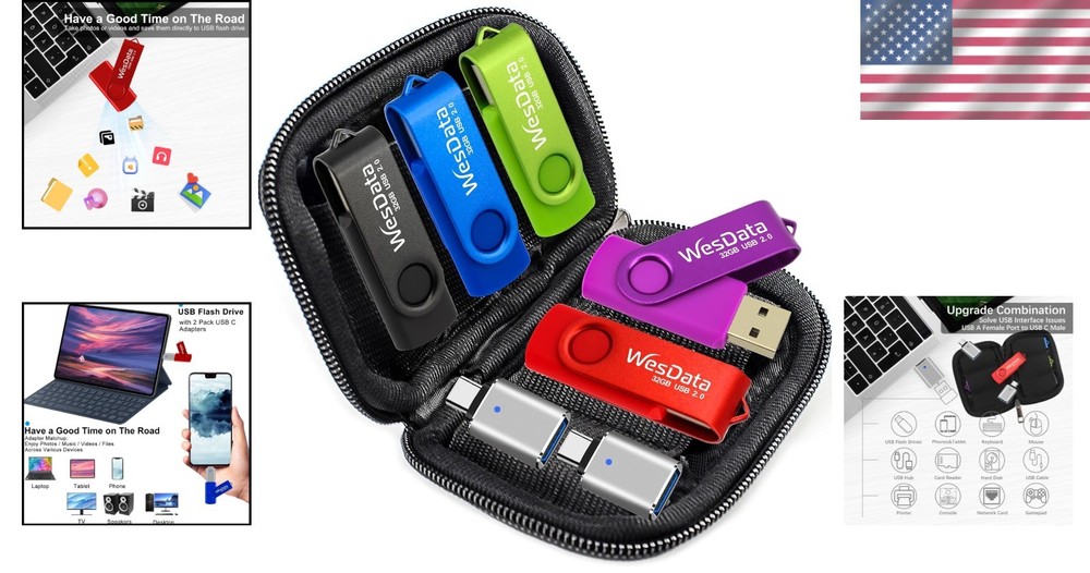 5 Pack 64GB USB Flash Drives & 2 USB C Adapters - Elegant Data Storage Solution