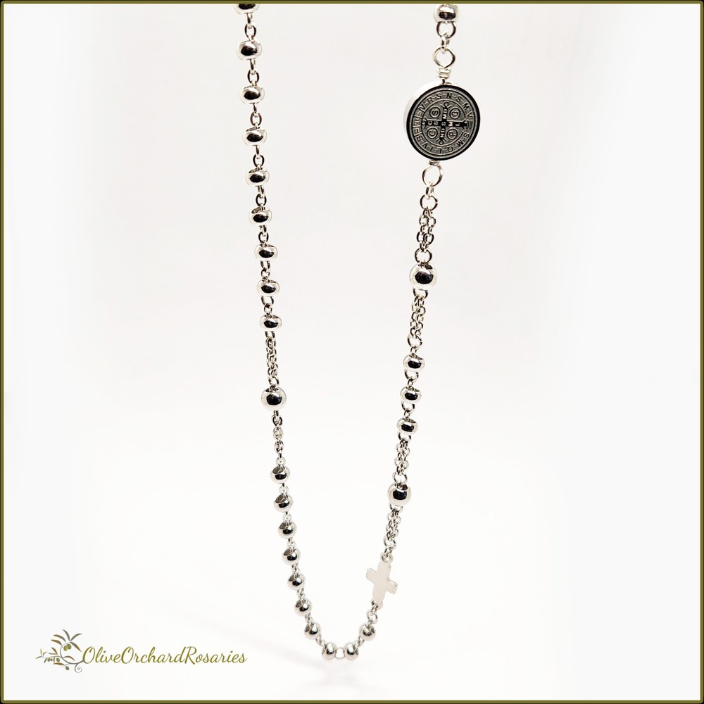 Handmade All Stainless Steel Saint Benedict 26" Inline Rosary Necklace