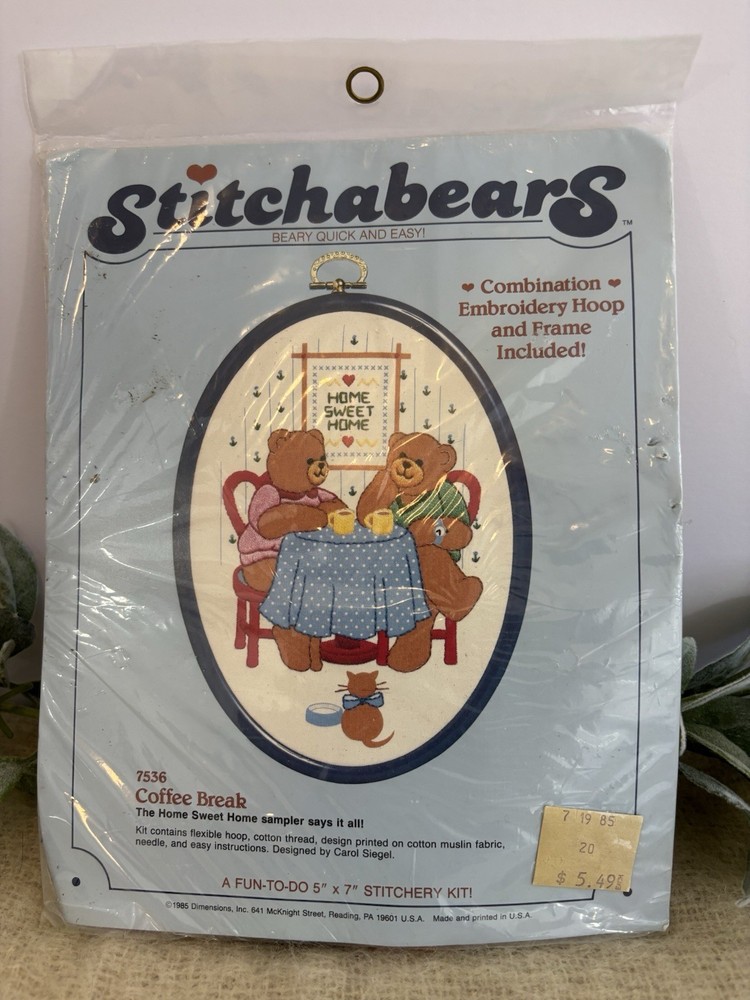 Stitchabears Coffee Break 7536 Stitchery Kit Dated 1985 Sealed