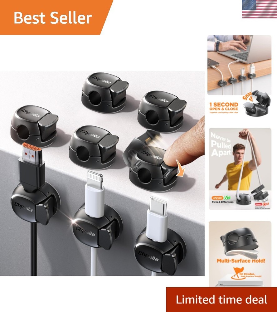 Max Secure Cable Clips - 8-Pack Snap Open Holder for Home Office Essentials