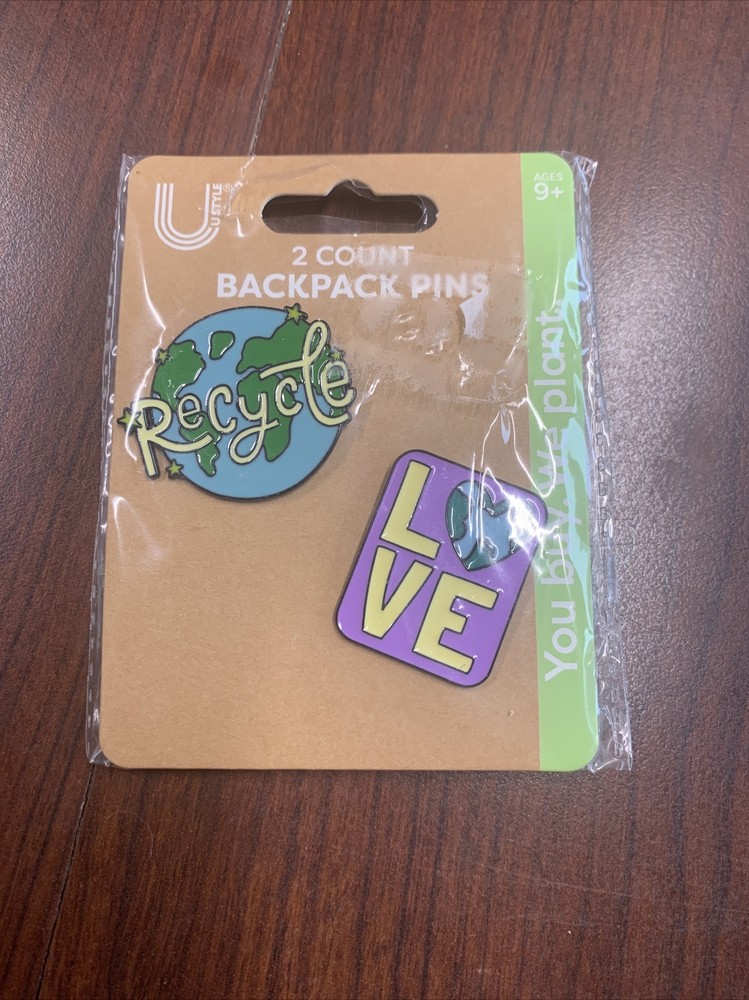 Two Count Backpack Pins “Recycle” & “Love” By U Style Ages 9+