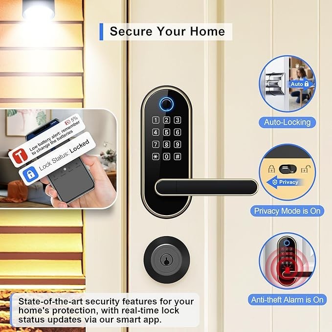 Keyless Entry Fingerprint Smart Lock with Handle & Keypad: Electronic/Electri...