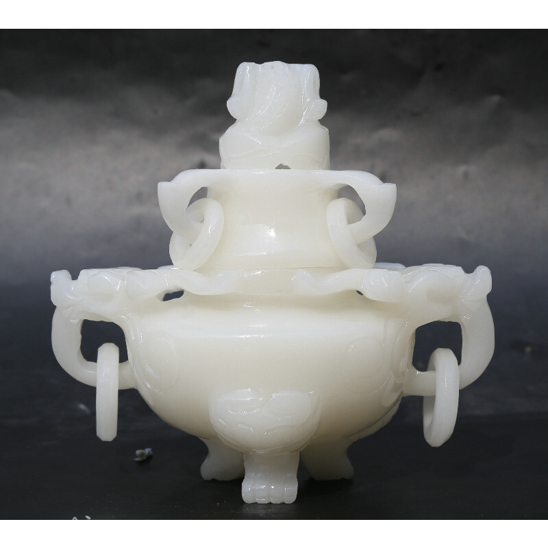 6.5" Chinese White Jade Carved Dragon Head Beast Tripodia Incense Burner Censer