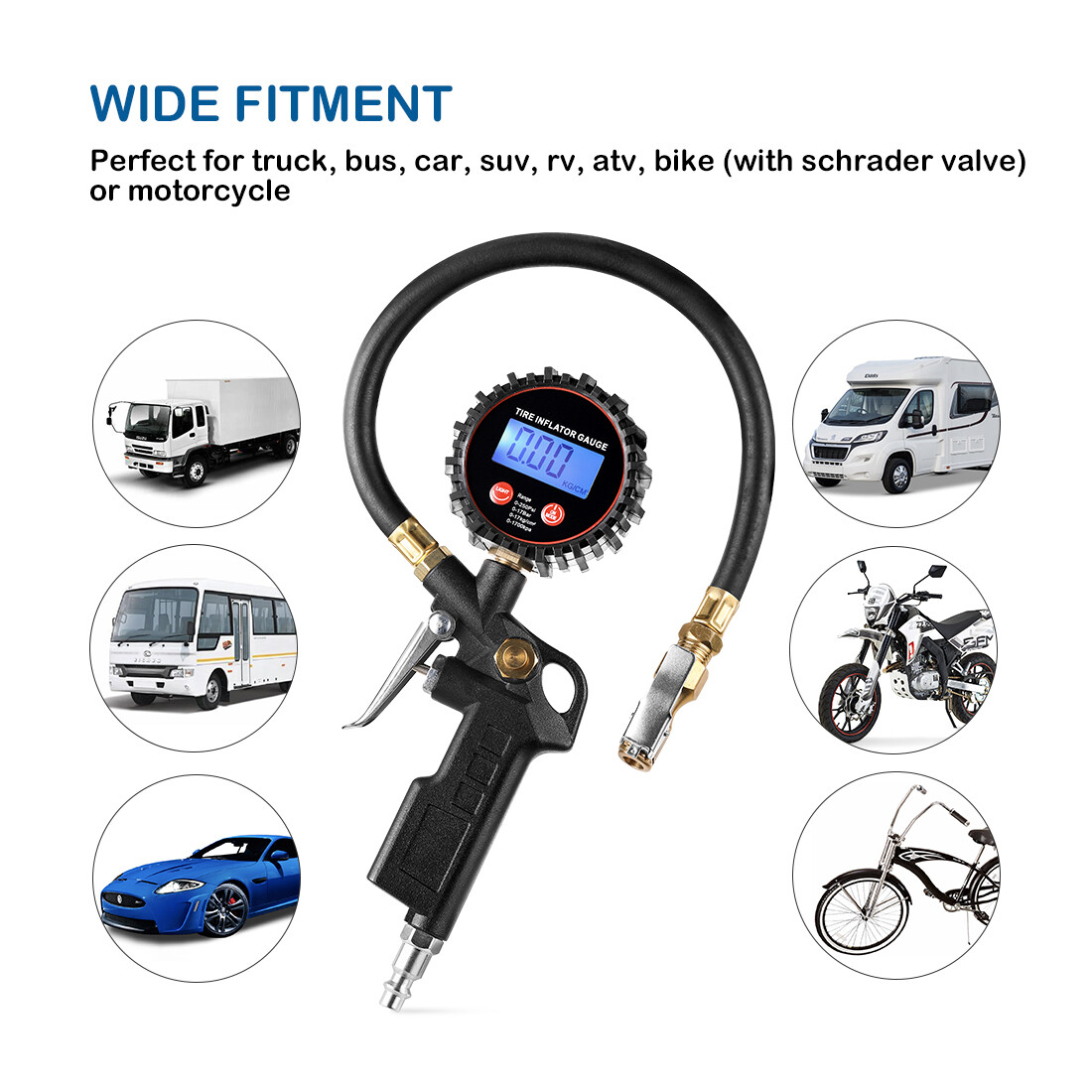 Car Truck Digital Tire Inflator w/ Pressure Gauge Air Chuck Rubber Hose 250 PSI