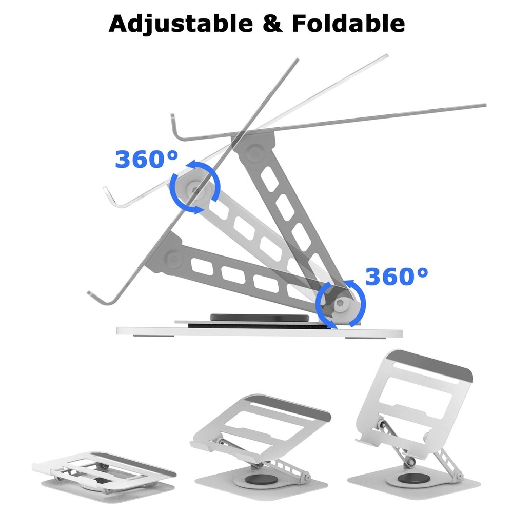 Silver Adjustable Laptop Stand 360 Rotating Computer Riser Fits 18 Inch PC