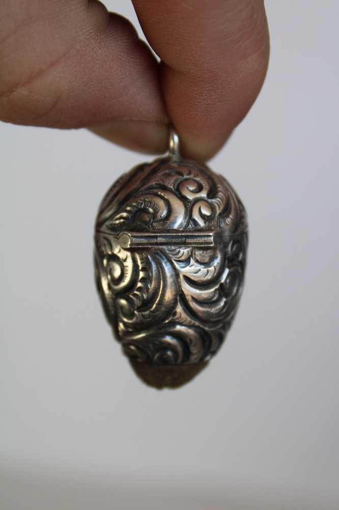 Antique Sterling Silver Repousse Sewing Chatelaine Egg Thimble Case & Pincushion