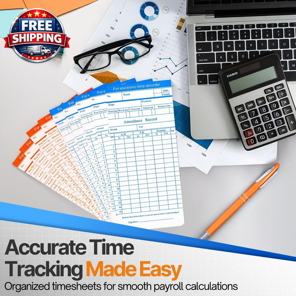 100 Pack Monthly Time Cards - 6 Column Time Sheets for Accurate Tracking