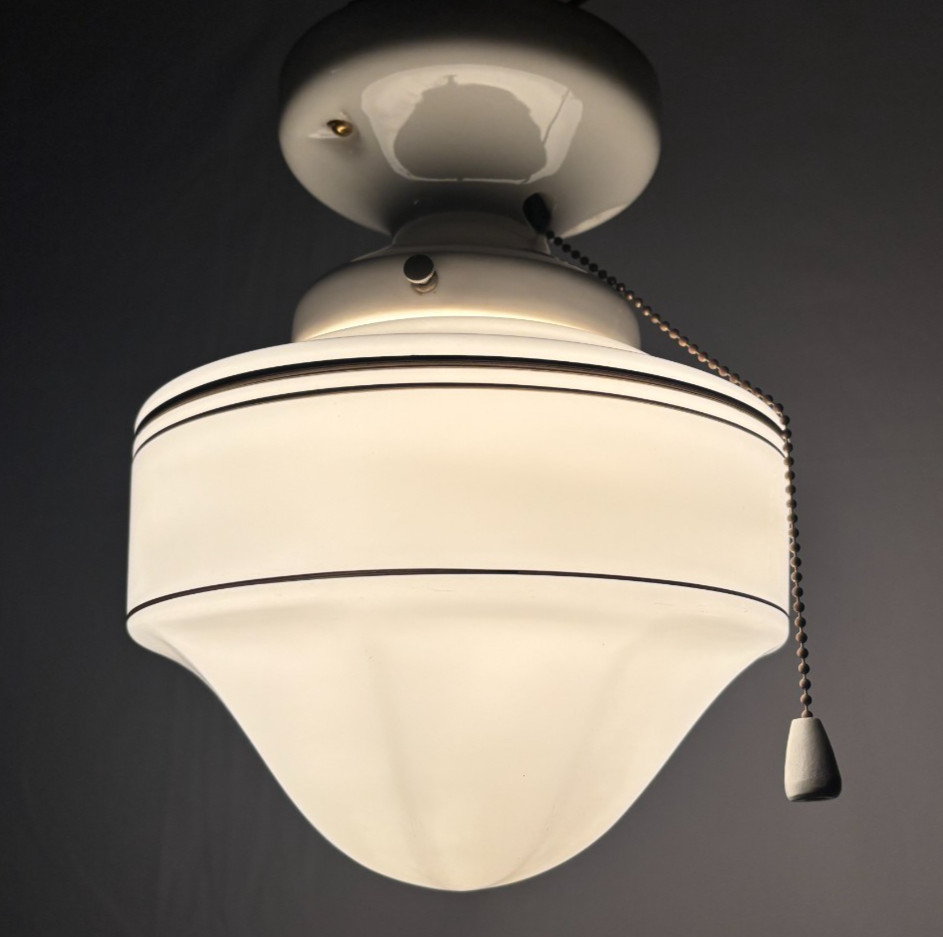 Vtg Porcelain Light Fixture Ceramic Ceiling Art Glass Shade Stripe USA #L99