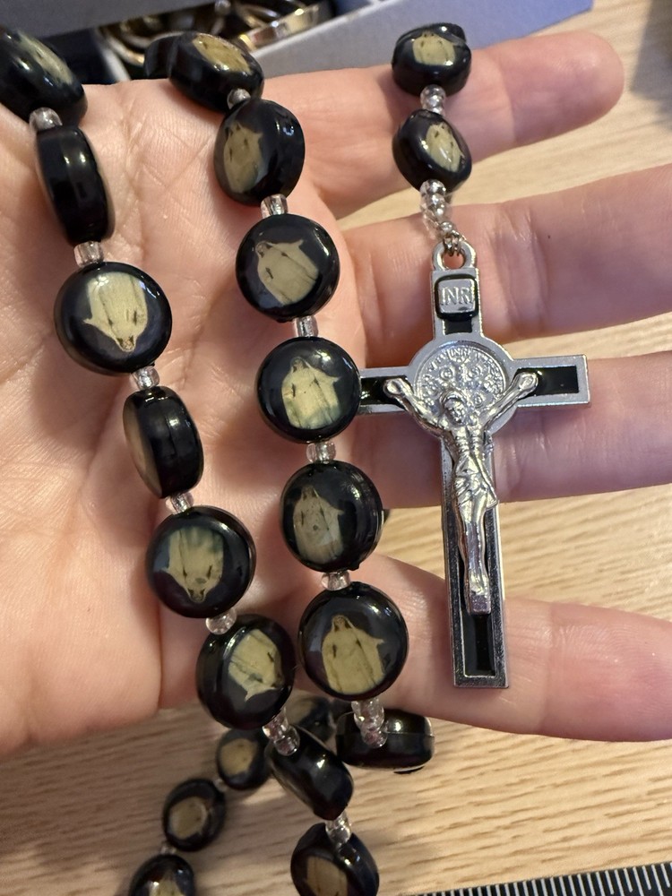 Black Glass Rosary With Imagery Beaded