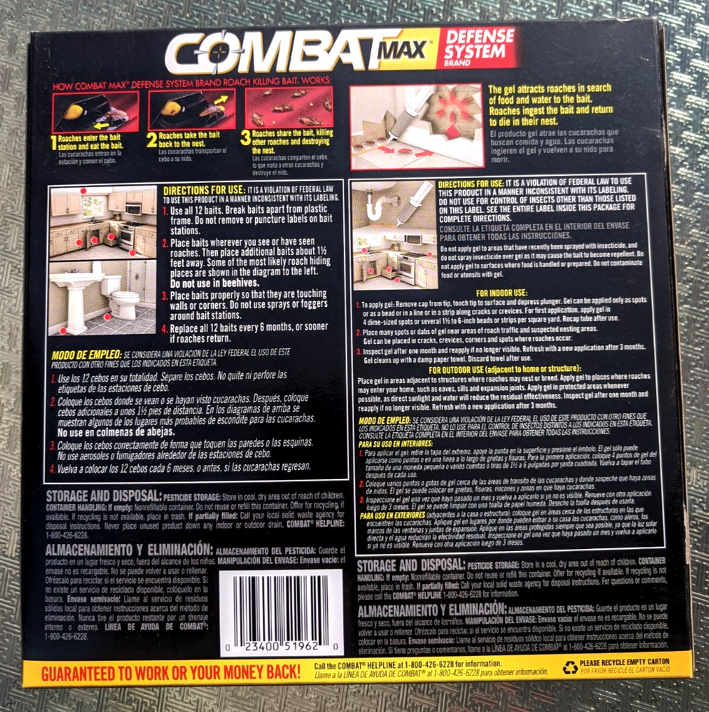 2 PACK Combat Max Defense System Roach Killing Bait & Gel 24 Stations Total