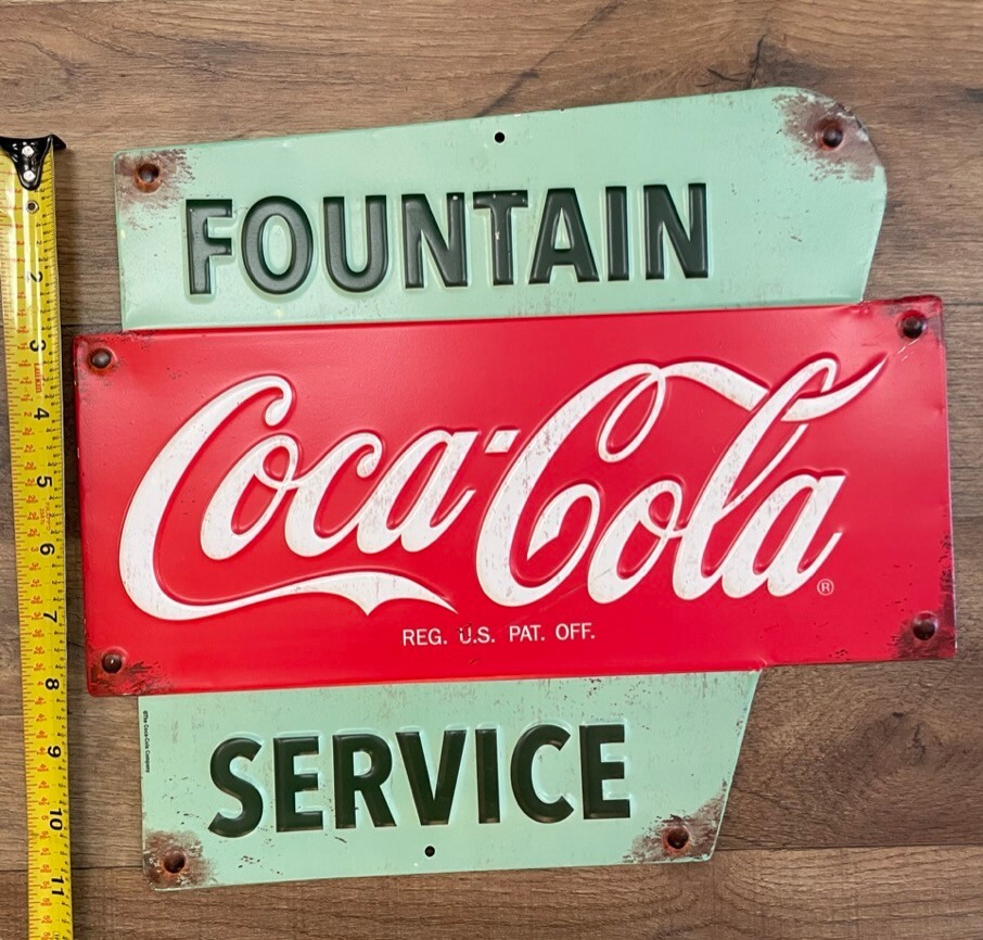 Coca Cola Fountain Service Metal Wall Art Embossed sign 11" x 12"