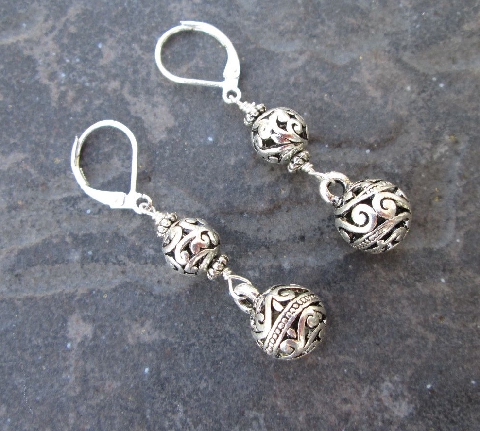 Silver Filigree Ball Earrings with Sterling Silver Leverbacks