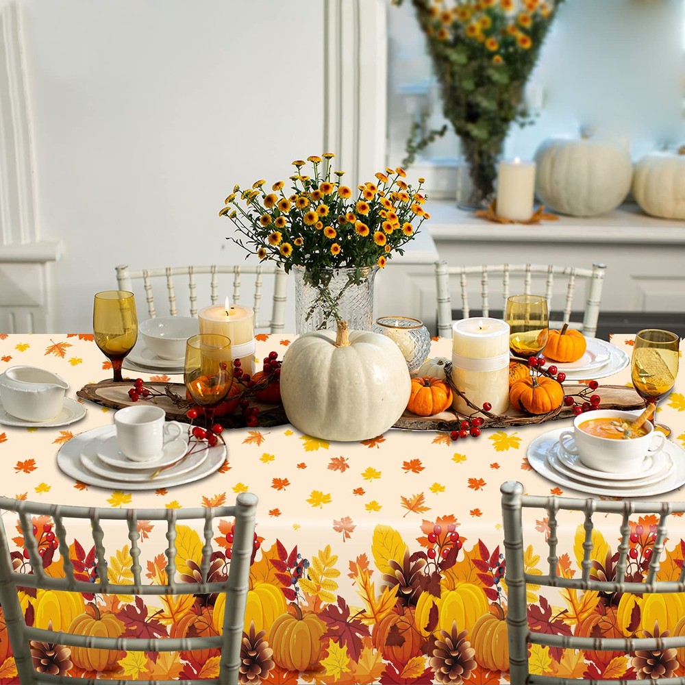 3 Pieces Thanksgiving Fall Disposable Tablecloth Fall Theme Plastic Table Cov...