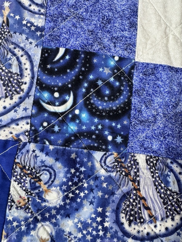 Handmade Modern Quilt Blue Celestial Wizard 9 Square Flannel Back Queen Signed