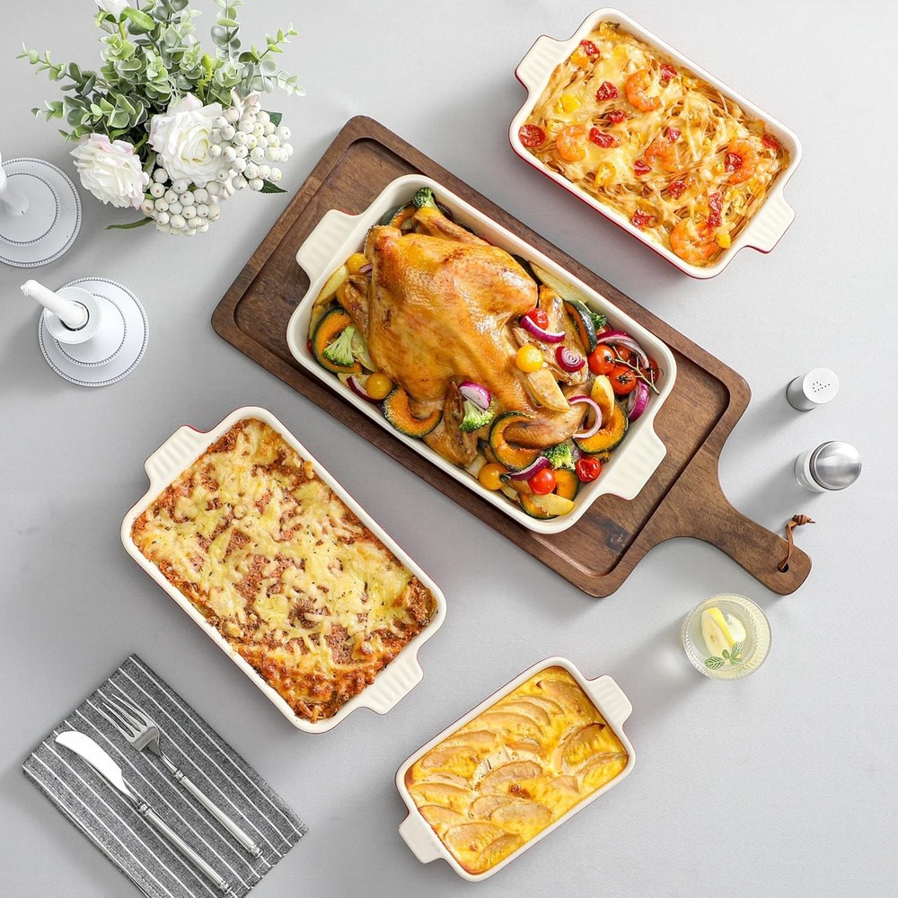 Rectangular Baking Pans Set for Casseroles, 4 Sizes, Red