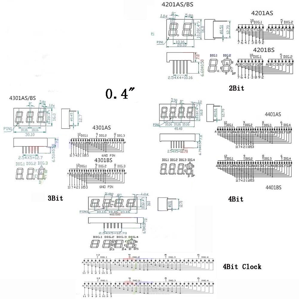 0.28/0.36/0.4/0.56/0.8" 1-4 Bit Common Anode/Cathode Red Led Display 7 Segment