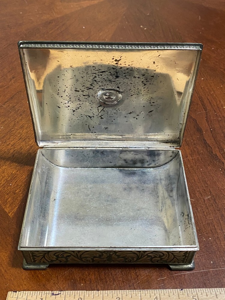 Vintage Silver Tone Cigarrete Box Floral Theme Japan Rectangular Hinge Lid