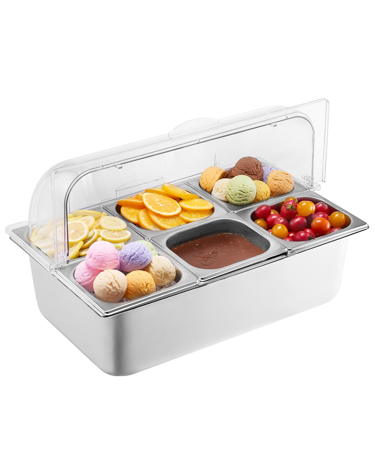 Countertop Food Serving Display Container 6 Pan Condiment Dispenser with Lid