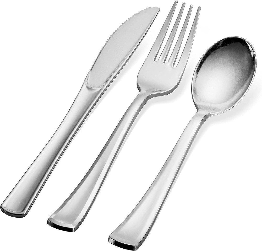 400 Plastic Silverware Set - Silver Cutlery Set - Disposable Flatware Set - 2...