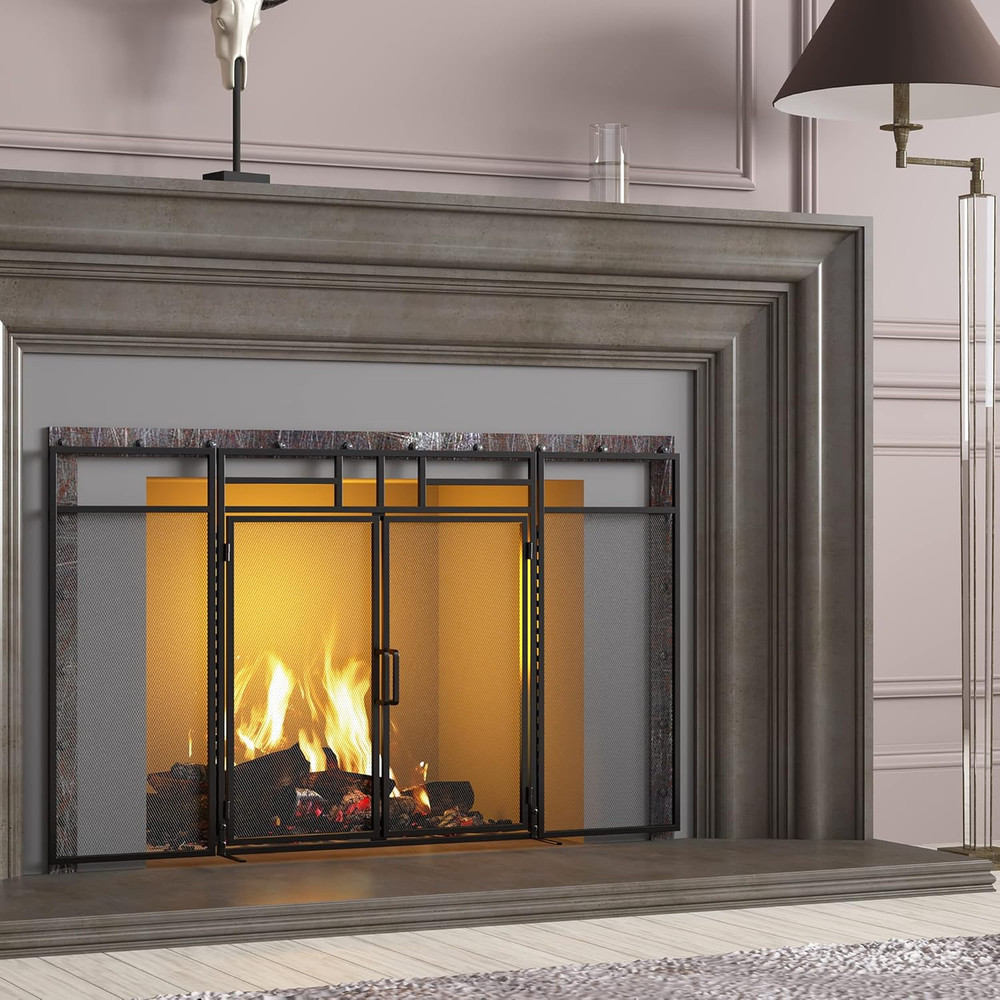 3-Panel Folding Fireplace Screen with Magnetic Hinged Doors, Solid Wrought Iron