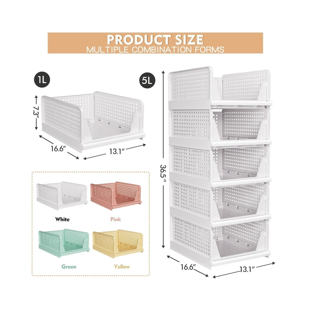 5 Pack Stackable Closet Storage Basket - Stackable Storage Bins, Multifunctio...