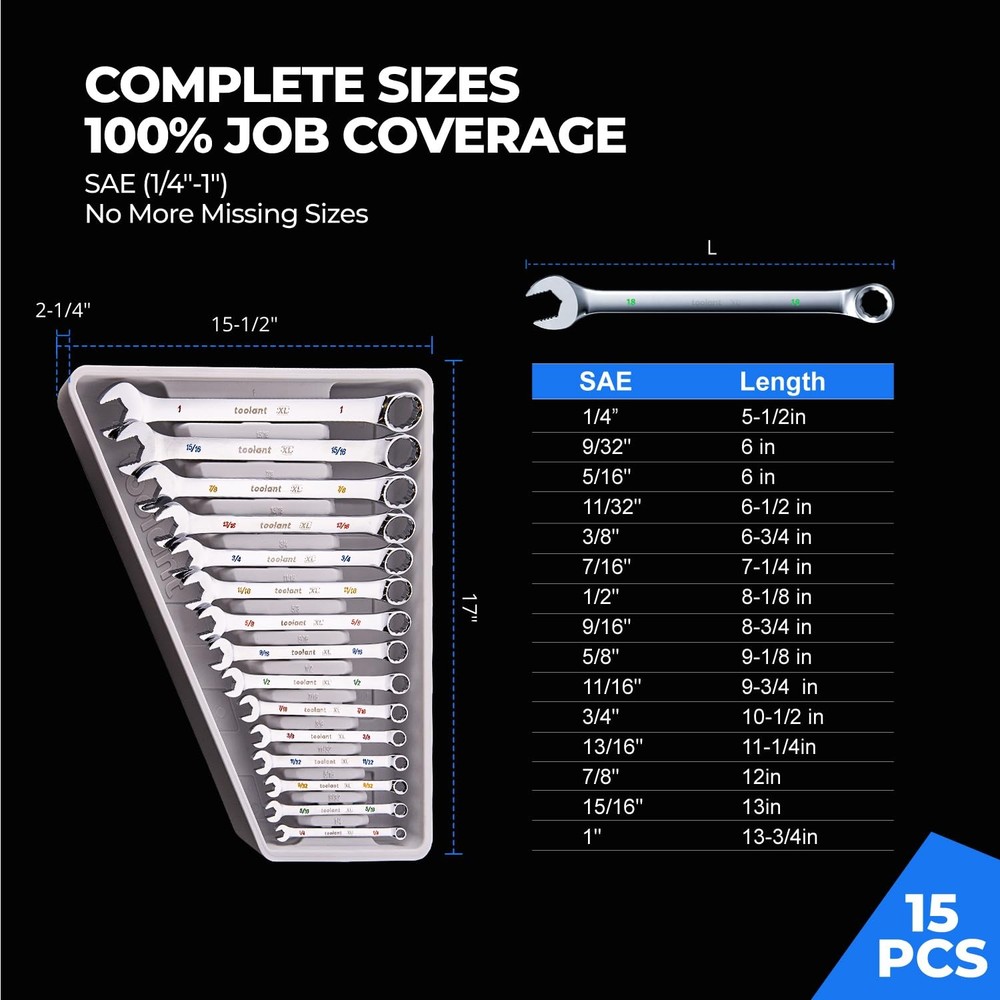 Max Grip 15pcs Professional SAE Combination Wrench Set with Long Pattern Offset