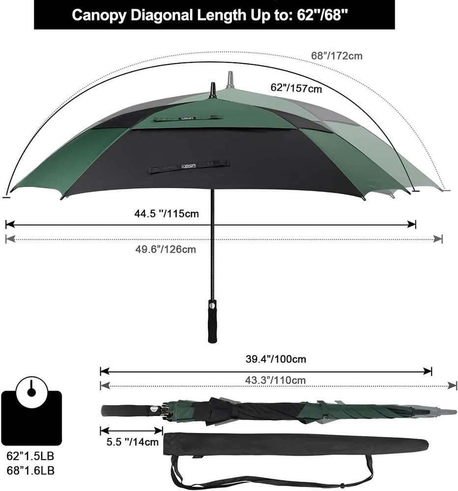 Extra Large Golf Umbrella 62/68 Inch Square Vented Windproof Auto Open Double...
