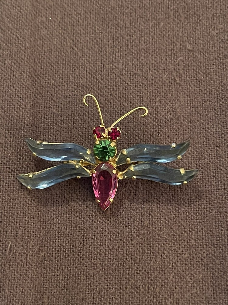 Vintage Dragonfly Multicolor Crystal Brooch Pin From Austria